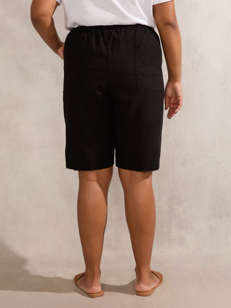 Black Linen Blend Drawstring Bermuda Shorts