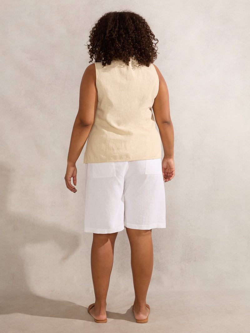 White Linen Blend Drawstring Bermuda Shorts