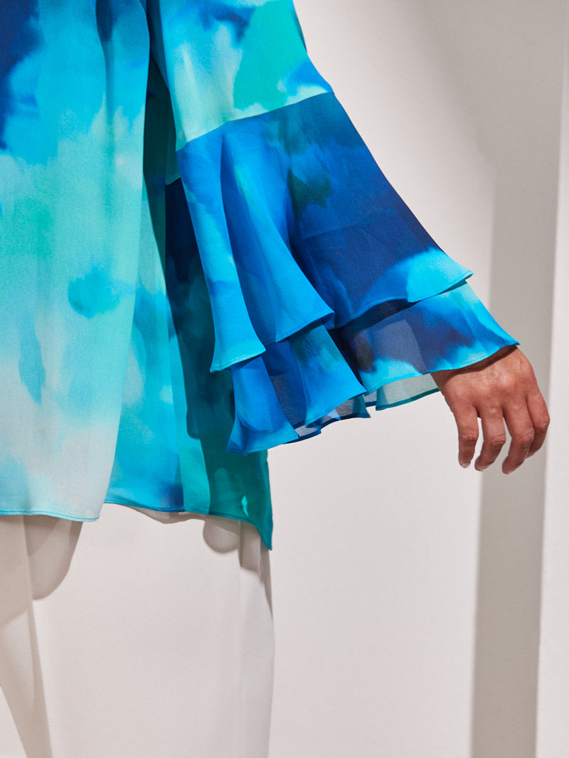 Blue Floral Printed Frill Blouse