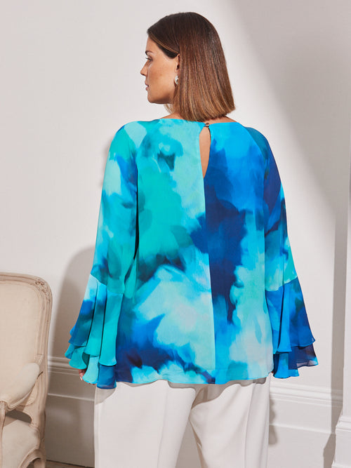 Blue Floral Printed Frill Blouse