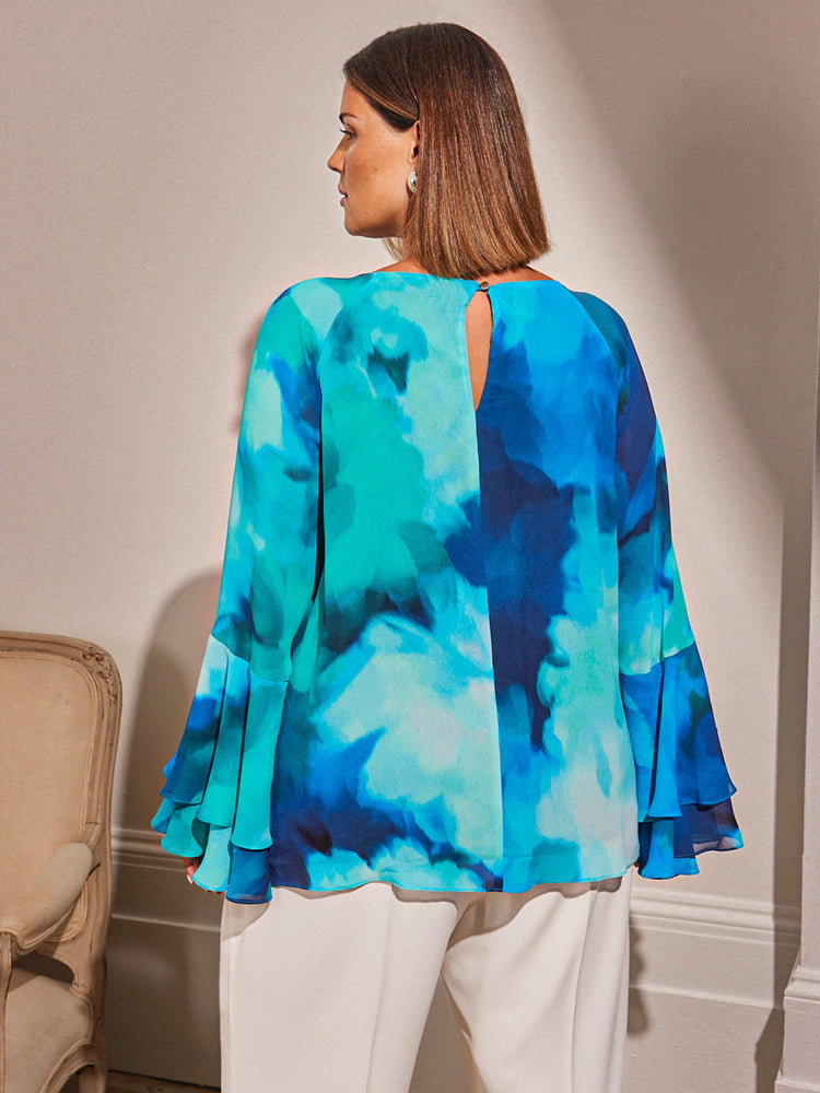 Blue Floral Printed Frill Blouse