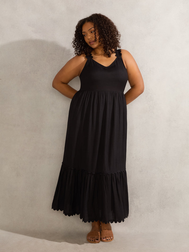 Black Linen Blend Scallop Dress