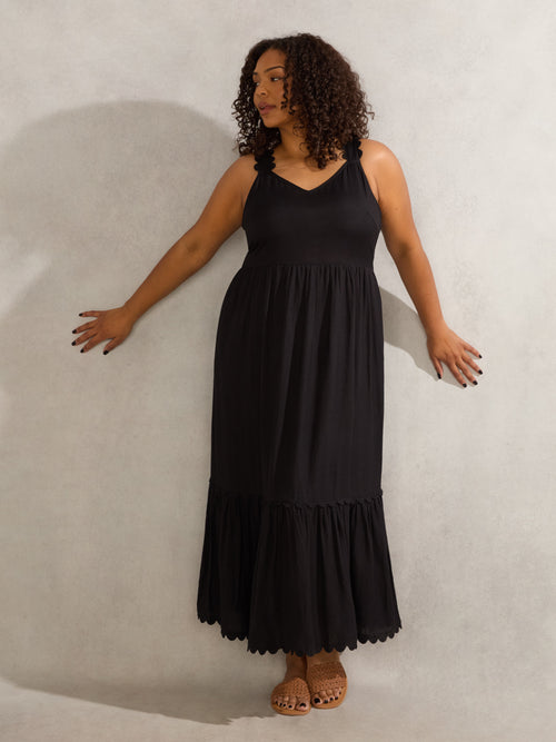 Black Linen Blend Scallop Dress