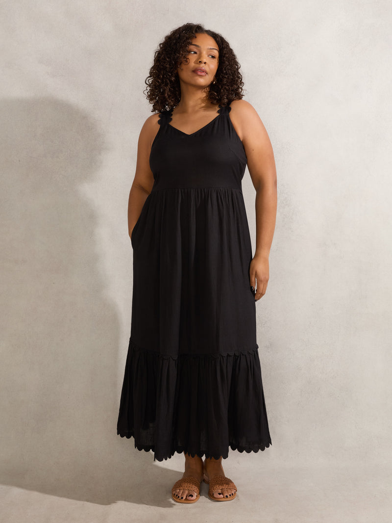 Black Linen Blend Scallop Dress