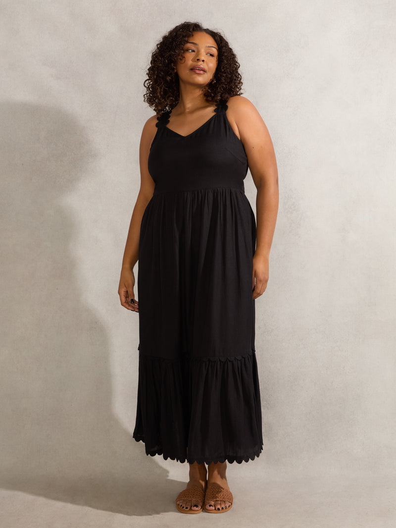 Black Linen Blend Scallop Dress