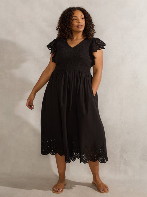 Black Broderie Shirred Dress