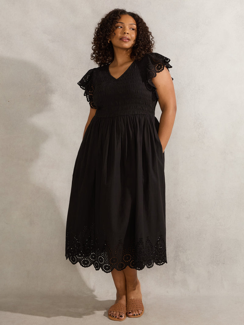 Black Broderie Shirred Dress