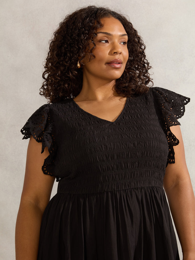 Black Broderie Shirred Dress