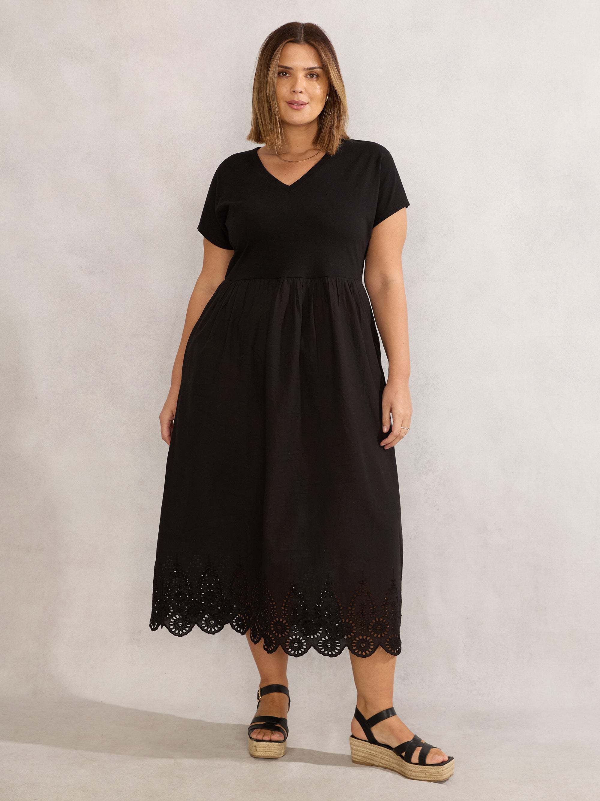 Black Jersey Woven Mix T-Shirt Dress