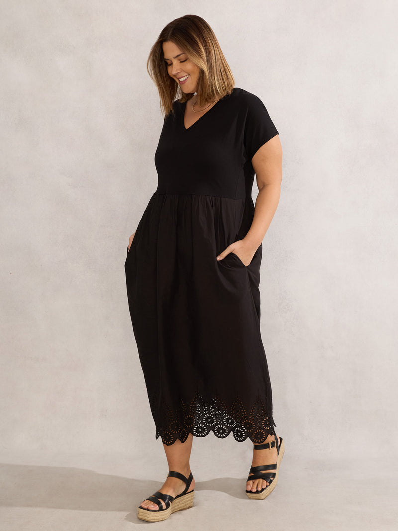 Black Jersey Woven Mix T-Shirt Dress