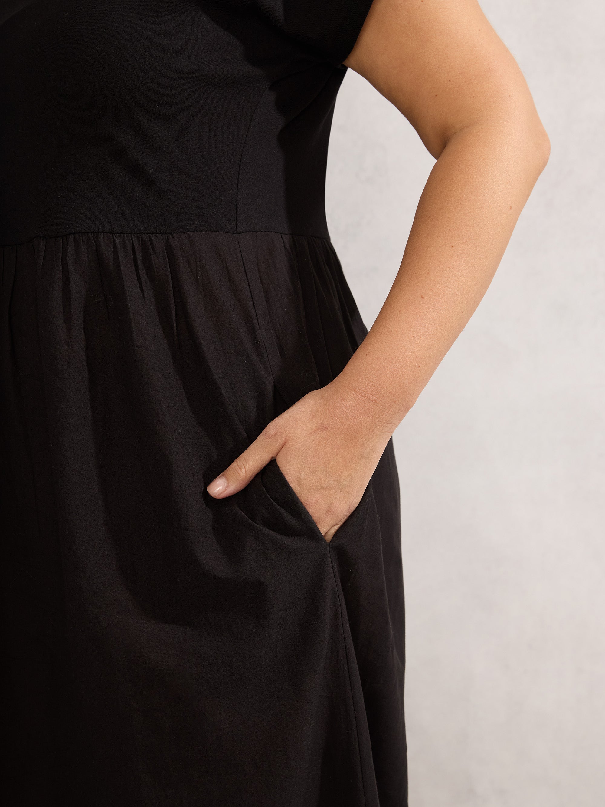 Black Jersey Woven Mix T-Shirt Dress