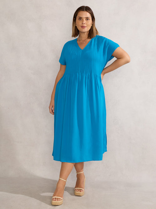 Blue Pintuck Midi Dress
