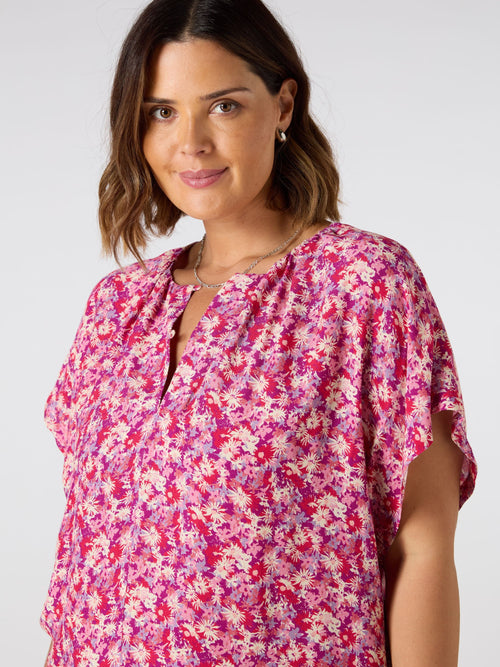 Pink Floral Button Front Blouse