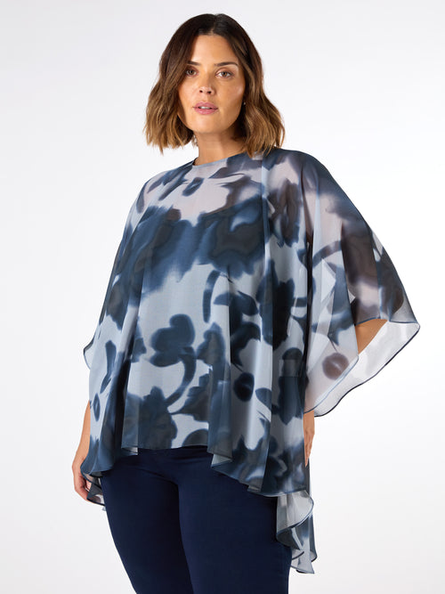 Blue Abstract Floral High Low Overlay Top