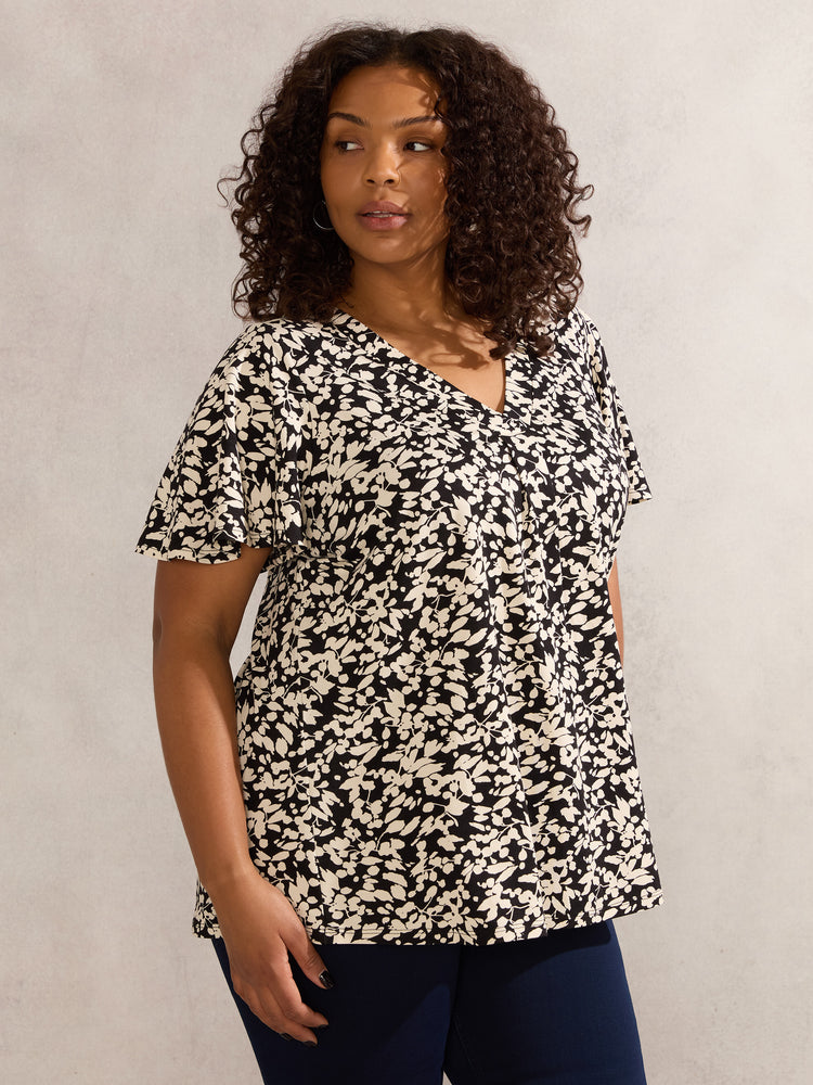 Mono Floral Print Jersey Pleat Front Top