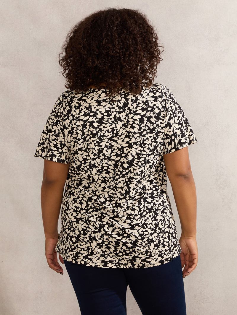 Mono Floral Print Jersey Pleat Front Top