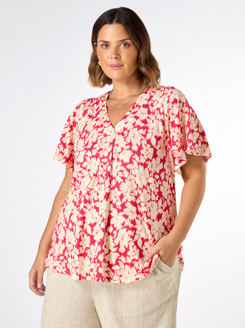 Floral Print Jersey Pleat Front Top