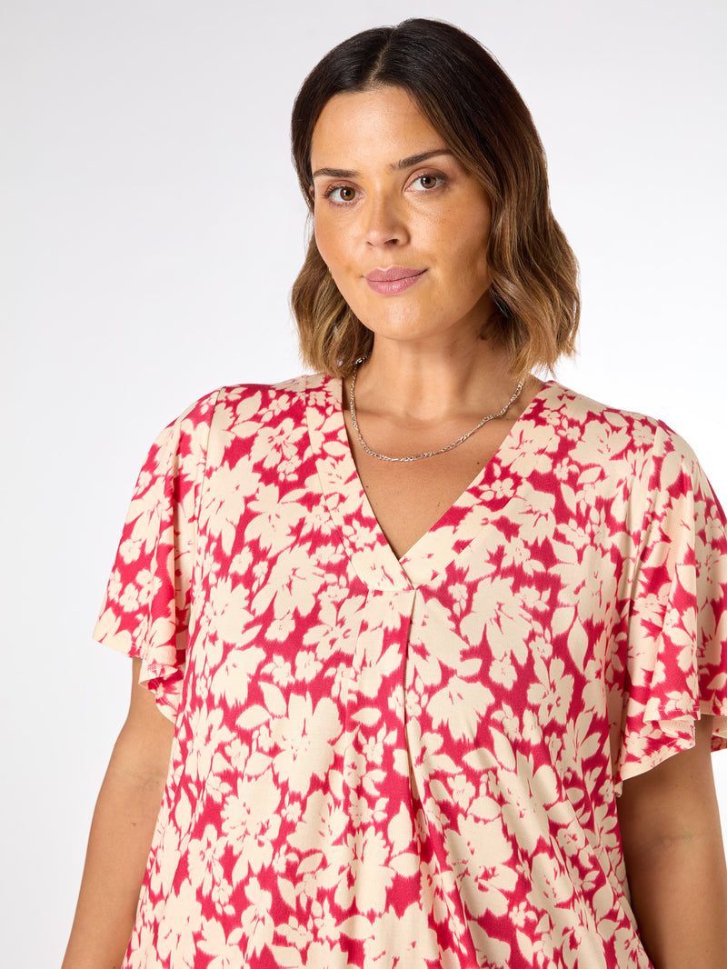 Raspberry Floral Print Jersey Pleat Front Top