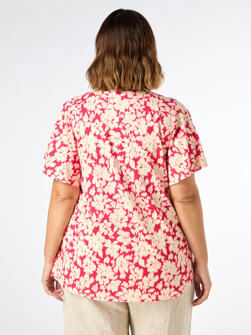 Raspberry Floral Print Jersey Pleat Front Top