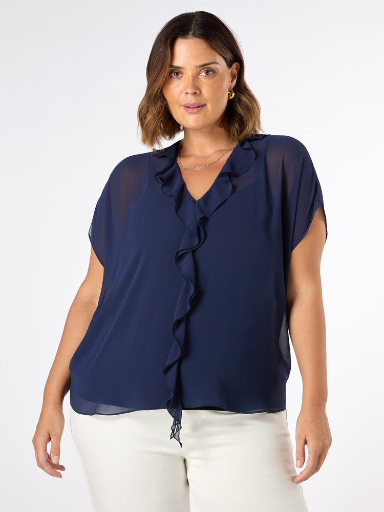 Navy Chiffon Ruffle Short Sleeve Blouse