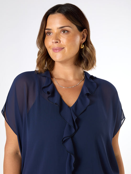 Navy Chiffon Ruffle Short Sleeve Blouse