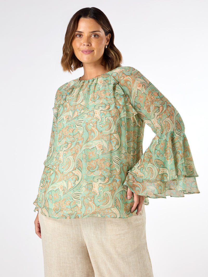 Green Multi Paisley Print Frill Blouse