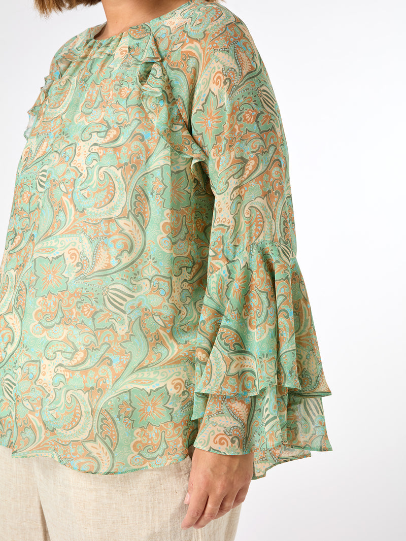 Green Multi Paisley Print Frill Blouse