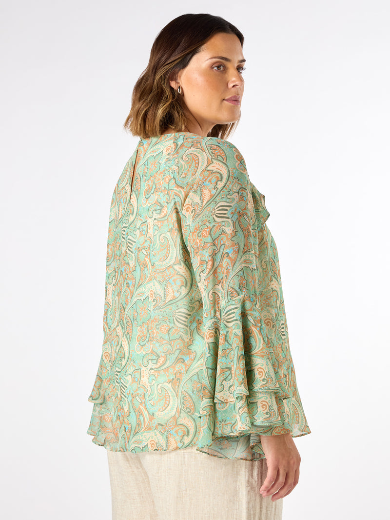Green Multi Paisley Print Frill Blouse