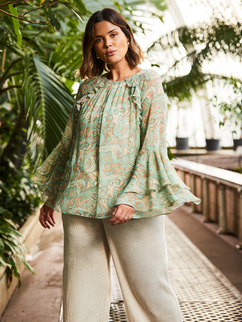 Green Multi Paisley Print Frill Blouse