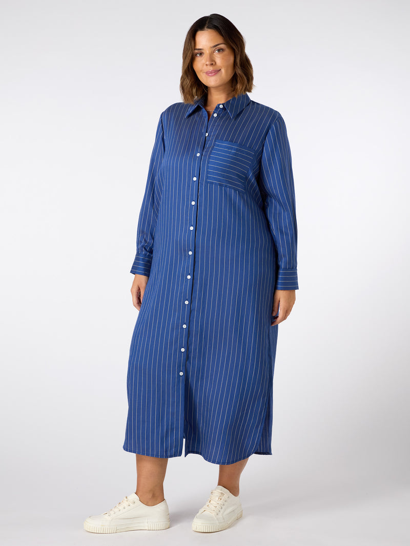 Blue Stripe Print Maxi Shirt Dress
