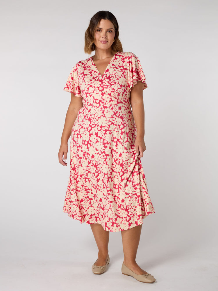 Raspberry Floral Print Flutter Sleeve Wrap Dress