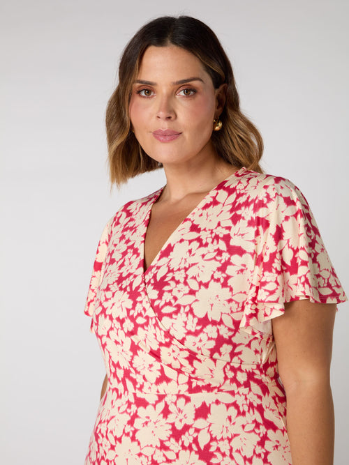 Raspberry Floral Print Flutter Sleeve Wrap Dress