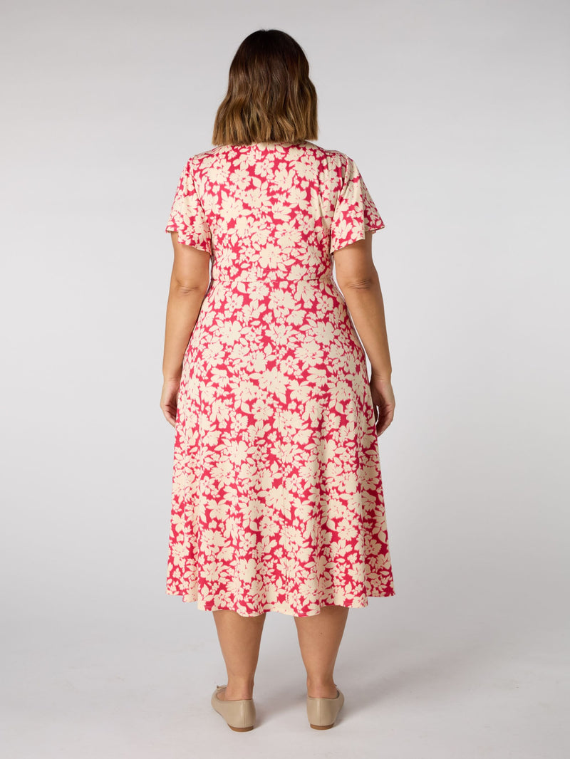 Raspberry Floral Print Flutter Sleeve Wrap Dress