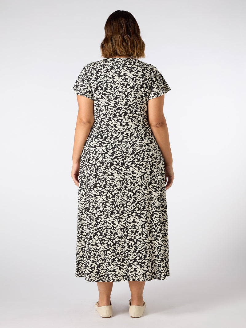 Mono Print Ruched Pleat Front Midi Dress