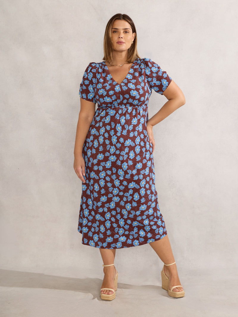 Chocolate Floral Print V Neck Shirred Dress