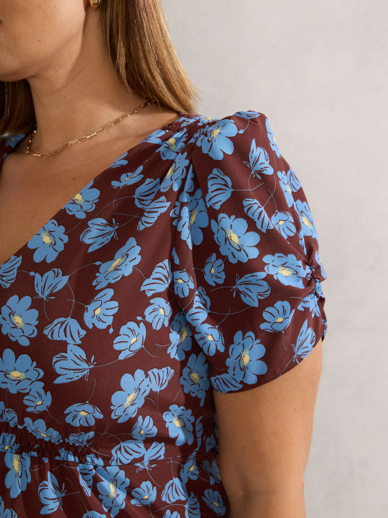 Chocolate Floral Print V Neck Shirred Dress