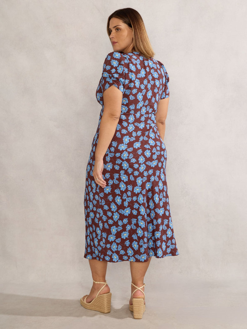Chocolate Floral Print V Neck Shirred Dress