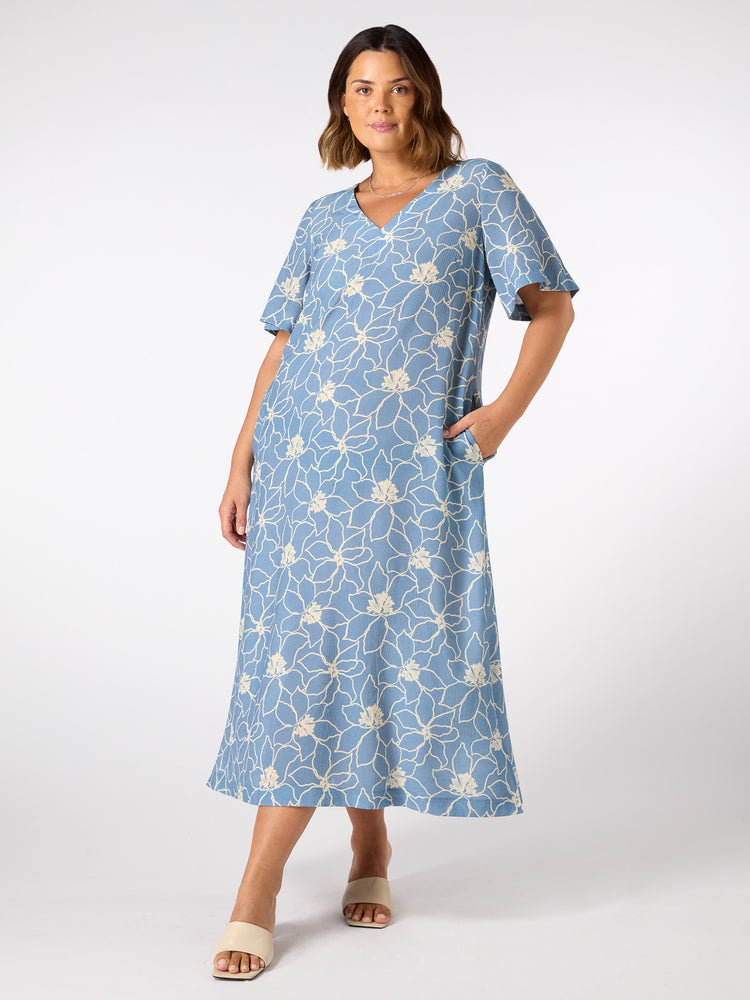 Blue Floral V Neck T-Shirt Dress