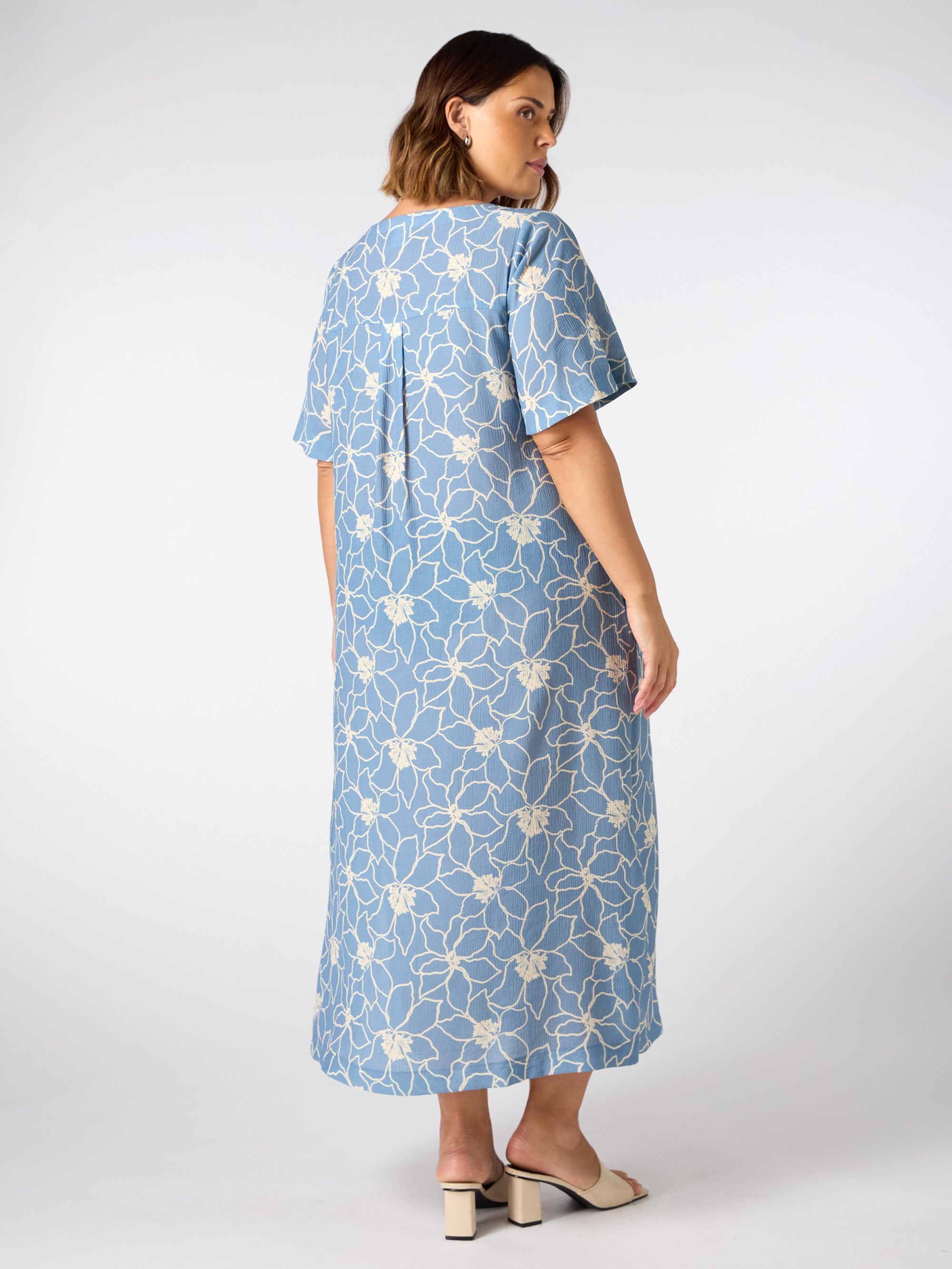 Blue Floral V Neck T-Shirt Dress