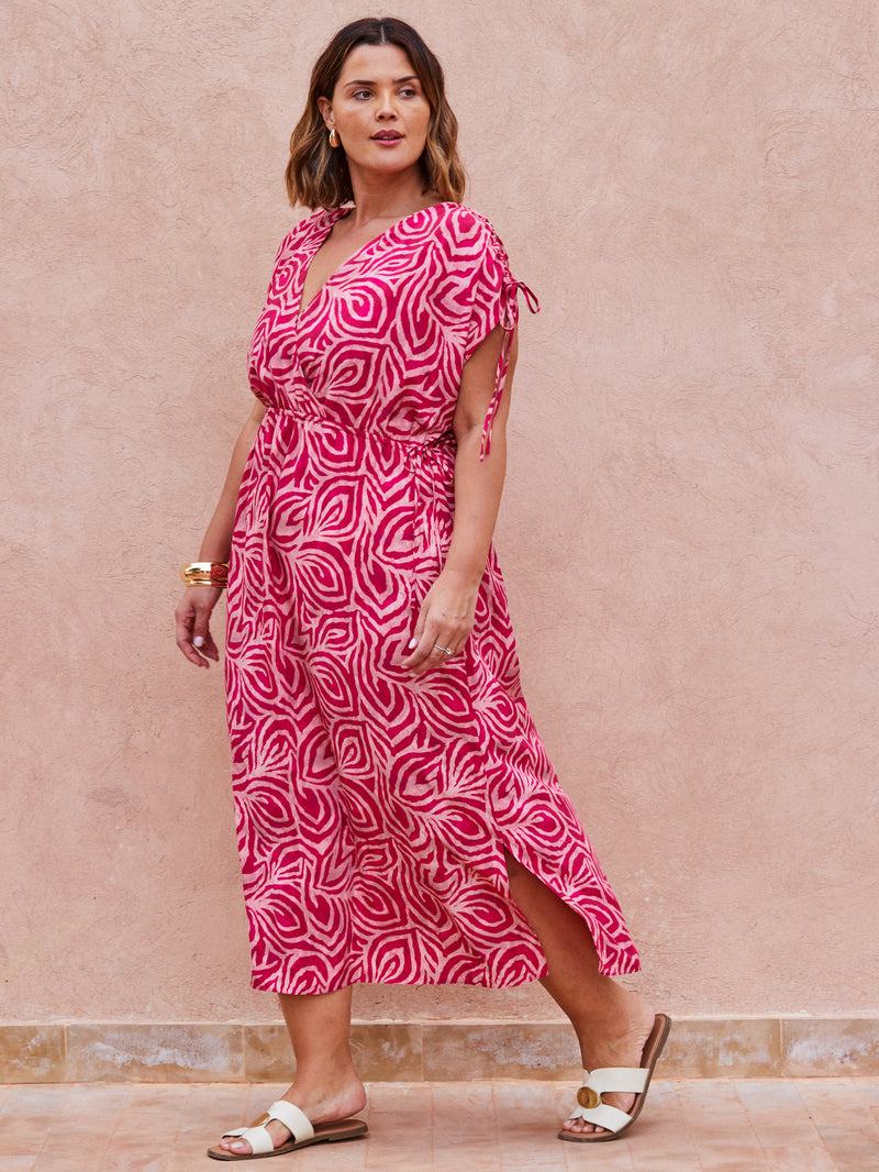 Pink Abstract Print Gathered Sleeve Midi Dress