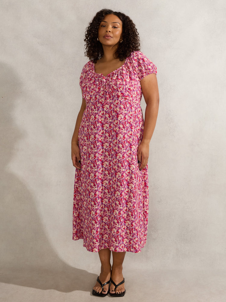 Pink Floral Gathered Neck Midi Dress