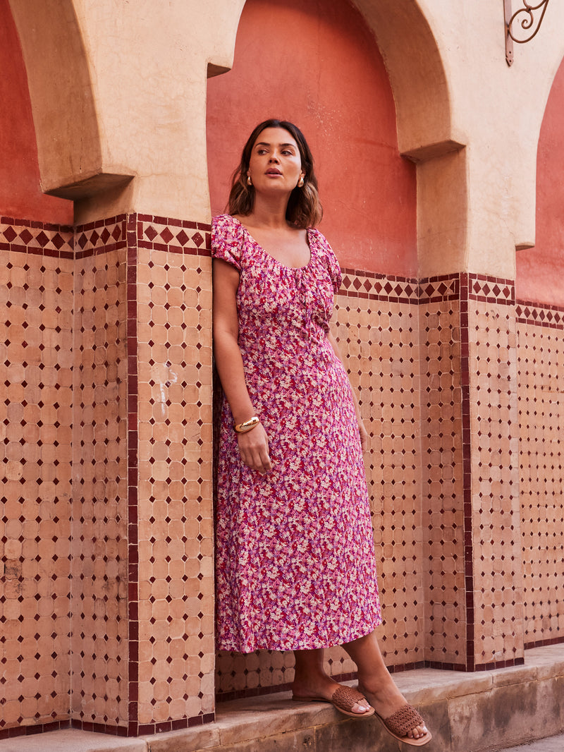 Pink Floral Gathered Neck Midi Dress