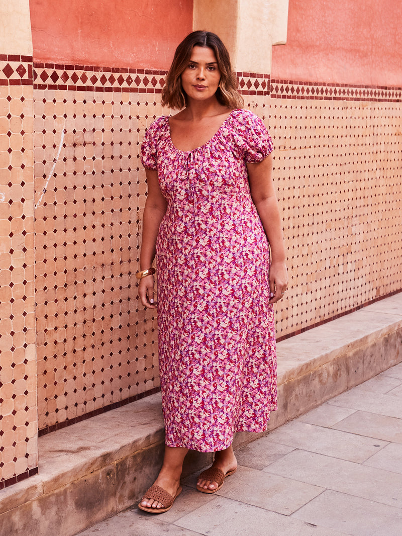 Pink Floral Gathered Neck Midi Dress