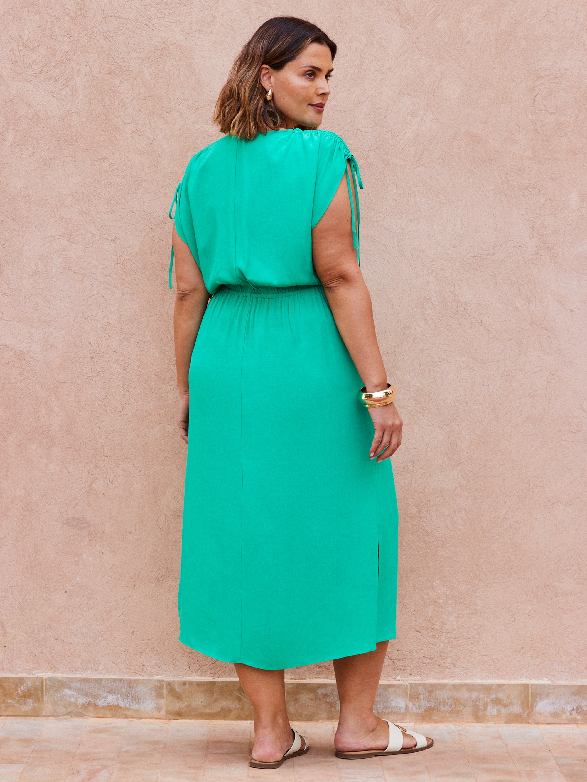 Green Gathered Sleeve Midi Dress