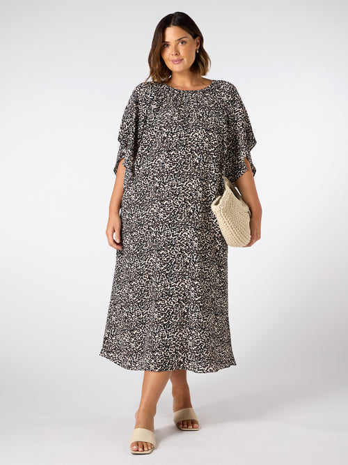 Mono Print Gathered Neck Midi Dress