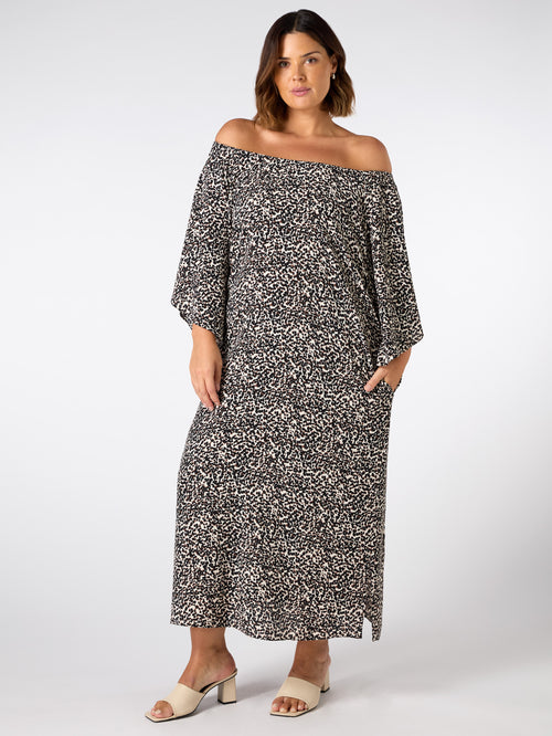 Mono Print Gathered Neck Midi Dress