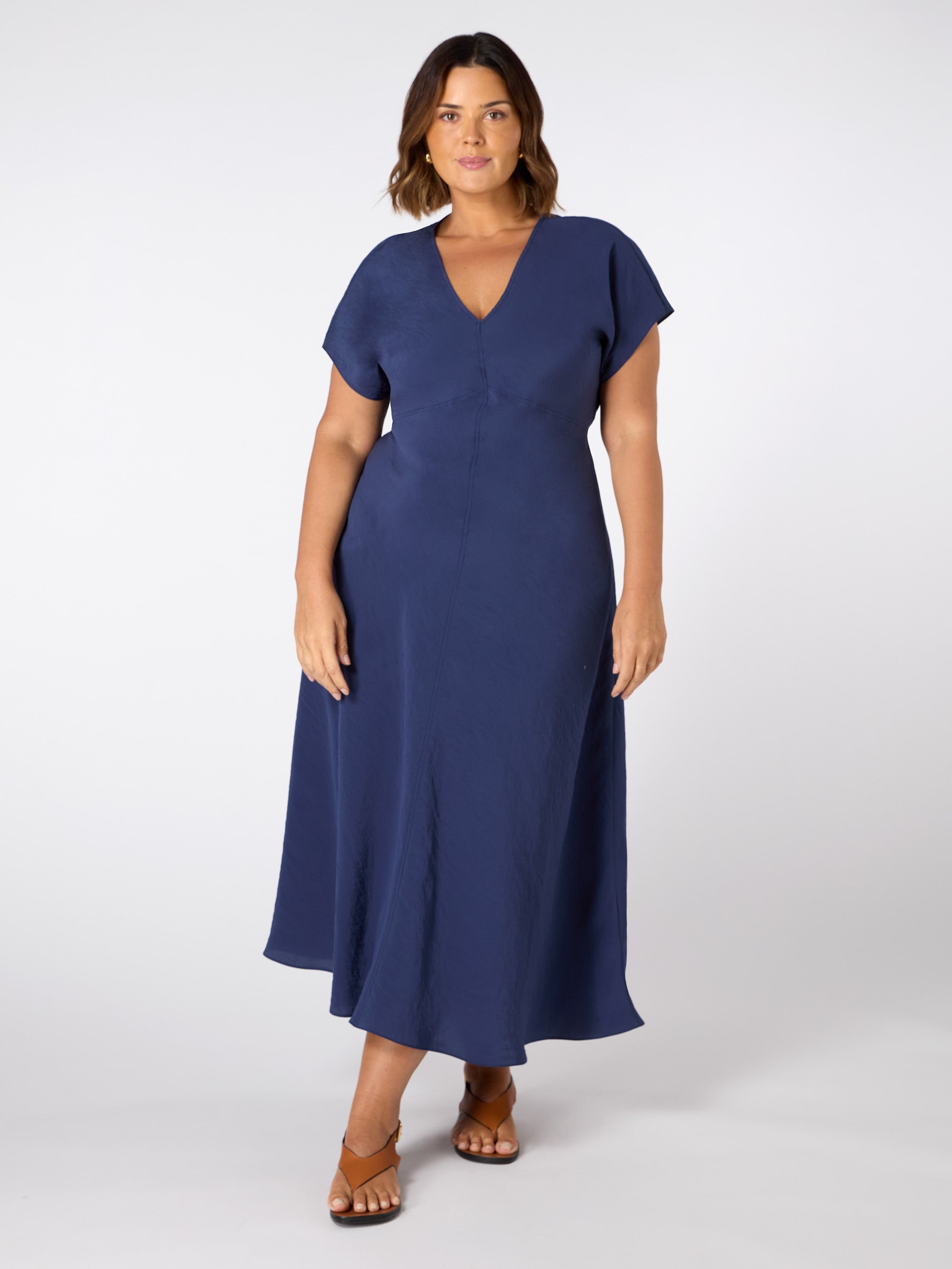 Blue V Neck Seamed Maxi Dress