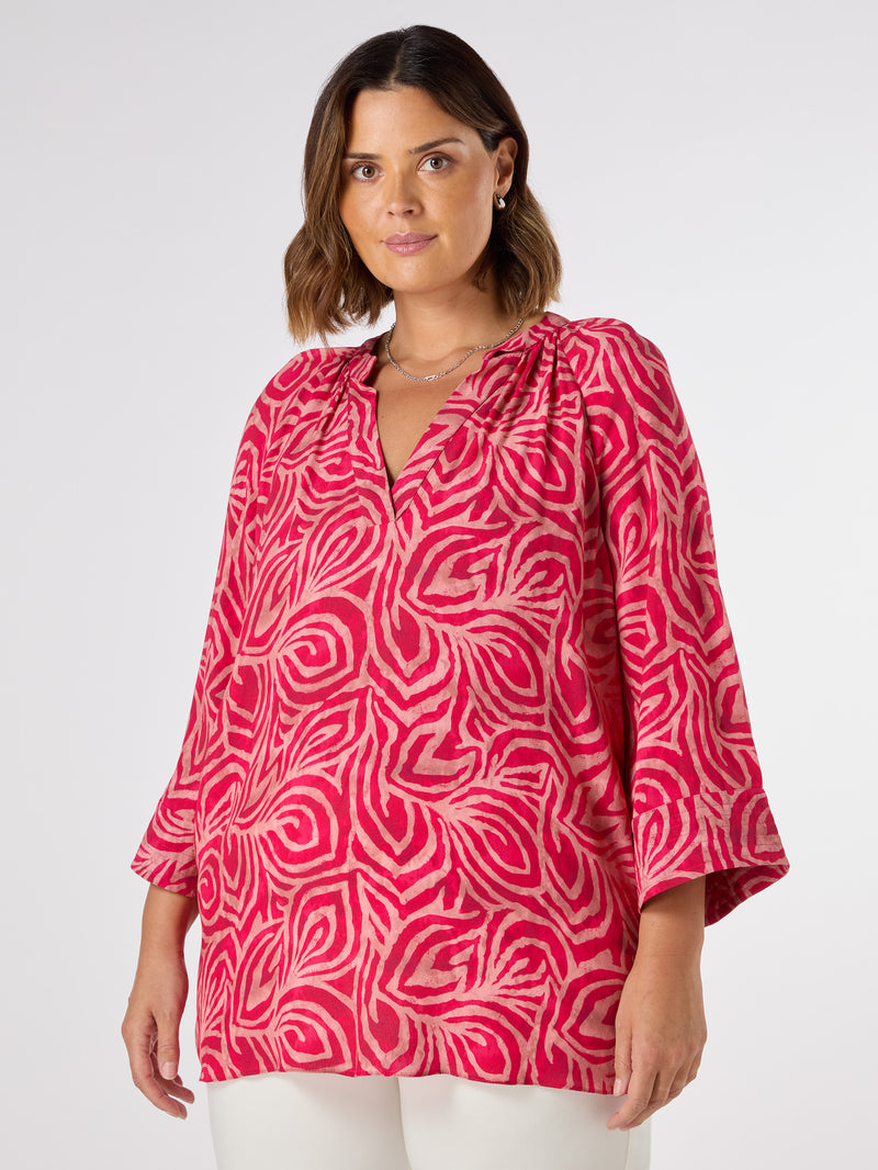 Pink Abstract Cropped Sleeve Blouse