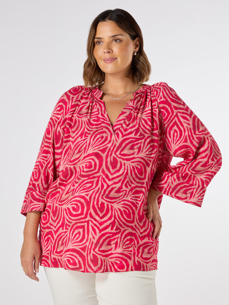 Pink Abstract Cropped Sleeve Blouse