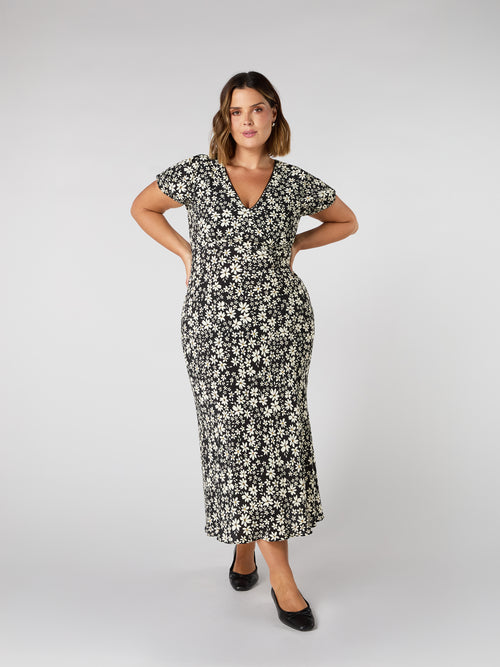 Petite Black Floral Puff Sleeve Midi Dress